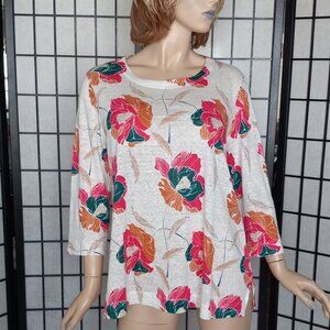 Nwot Tahari 100% Linen Fresh Floral Print Top Sz L 3/4 Sleeve Round Neck Blouse